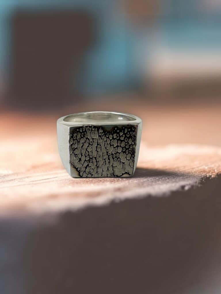 Gravure d'une truffe de chien sur chevalière argent